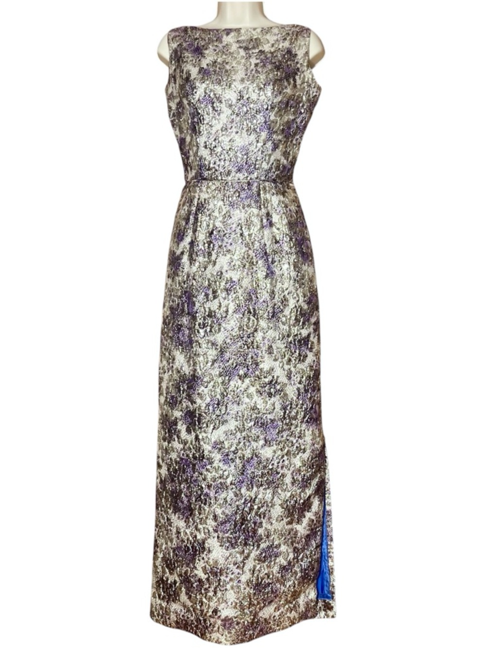 Vintage 60s Metallic Brocade Sheath Dress Maxi Gown Low Back Handmade Formal S